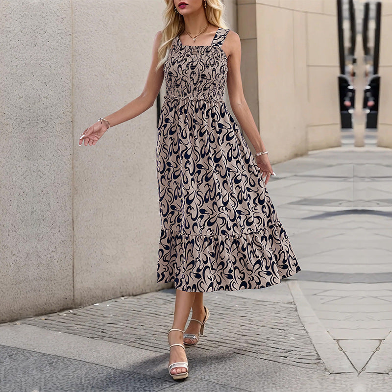 Printed Midi Dress With Shirred Bodice - Khaki - 3