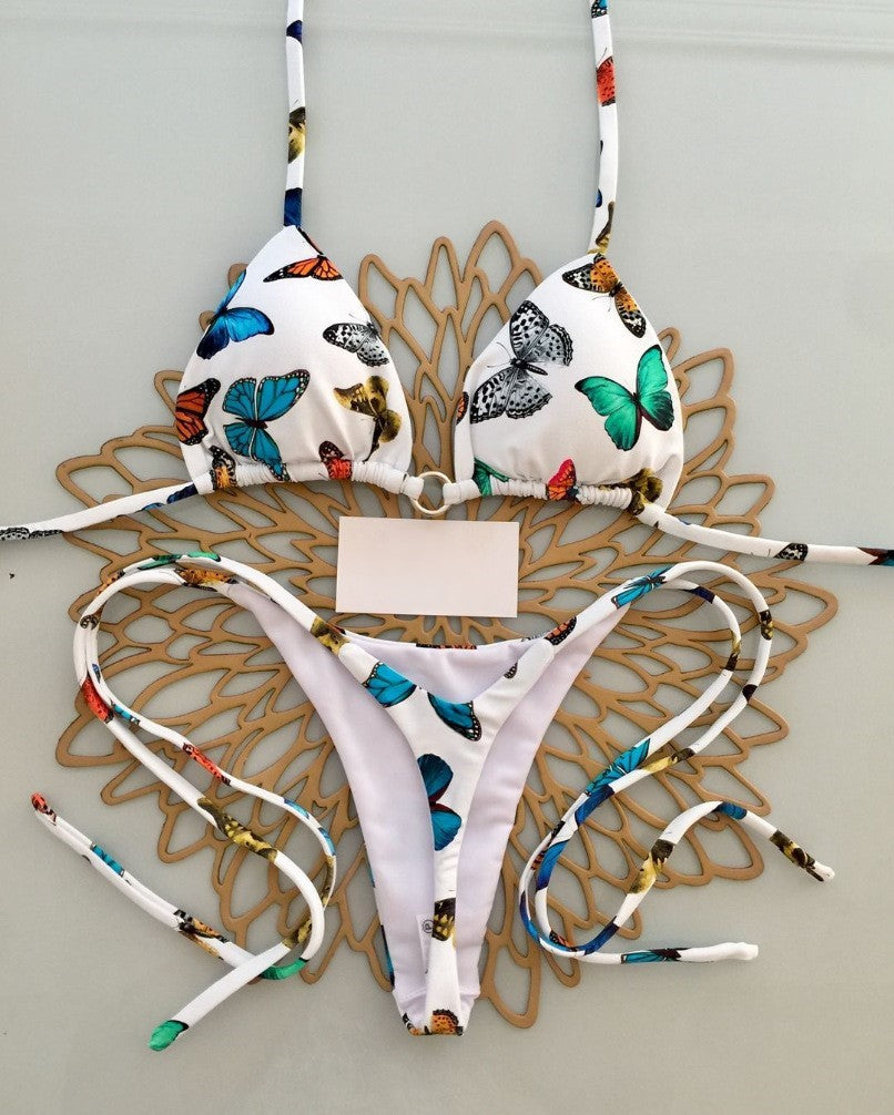 Printed Triangle Bikini Set With Tie Sides - Butterfly