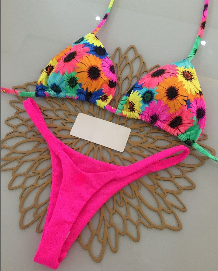 Printed Triangle Bikini Set With Tie Sides - Flowers