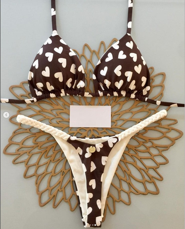 Printed Triangle Bikini Set With Tie Sides - Love