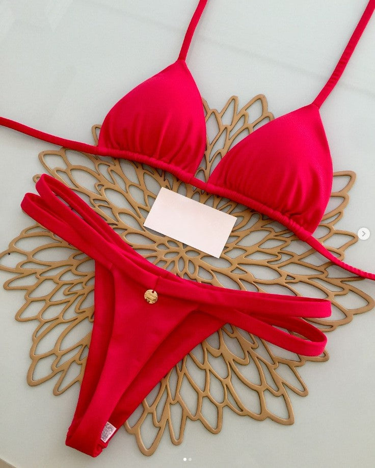 Printed Triangle Bikini Set With Tie Sides - PureRed