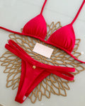 Printed Triangle Bikini Set With Tie Sides - PureRed