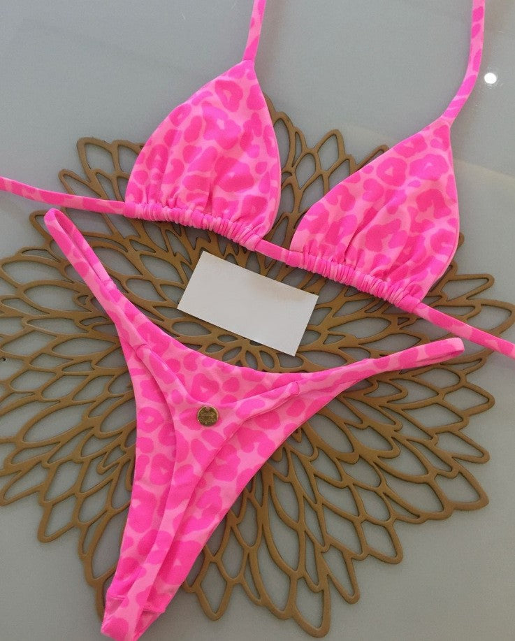 Printed Triangle Bikini Set With Tie Sides - Rose