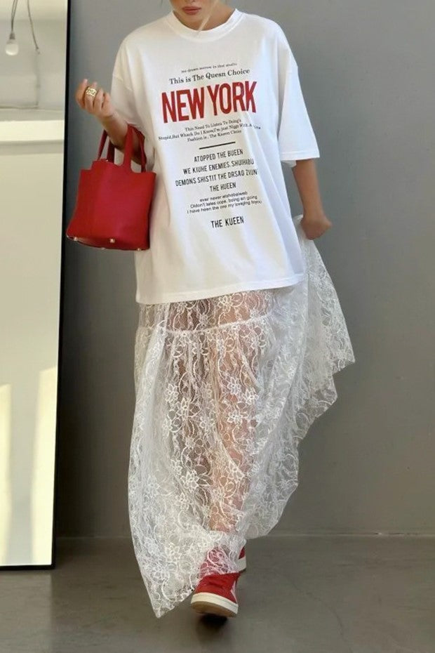 Scalloped Lace Panelled Maxi Skirt - white - 1