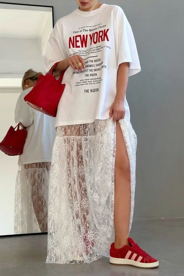 Scalloped Lace Panelled Maxi Skirt - white - 2