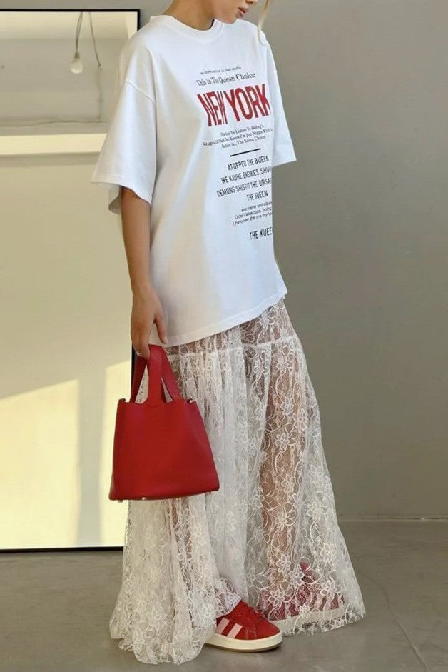 Scalloped Lace Panelled Maxi Skirt - white - 3