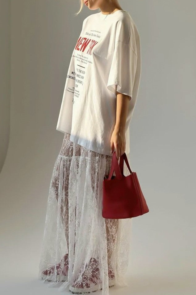 Scalloped Lace Panelled Maxi Skirt - white - 5
