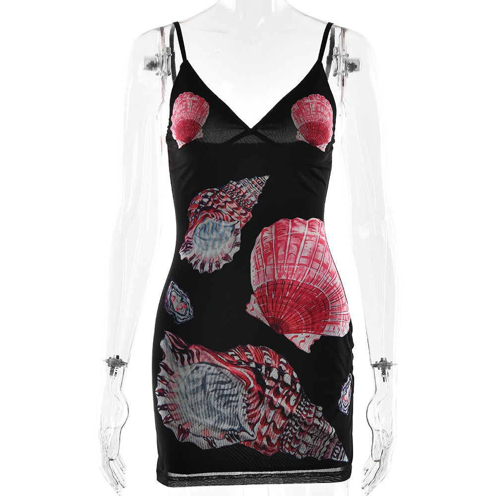 Seashell Print Mesh Bodycon Mini Dress - Black - 1
