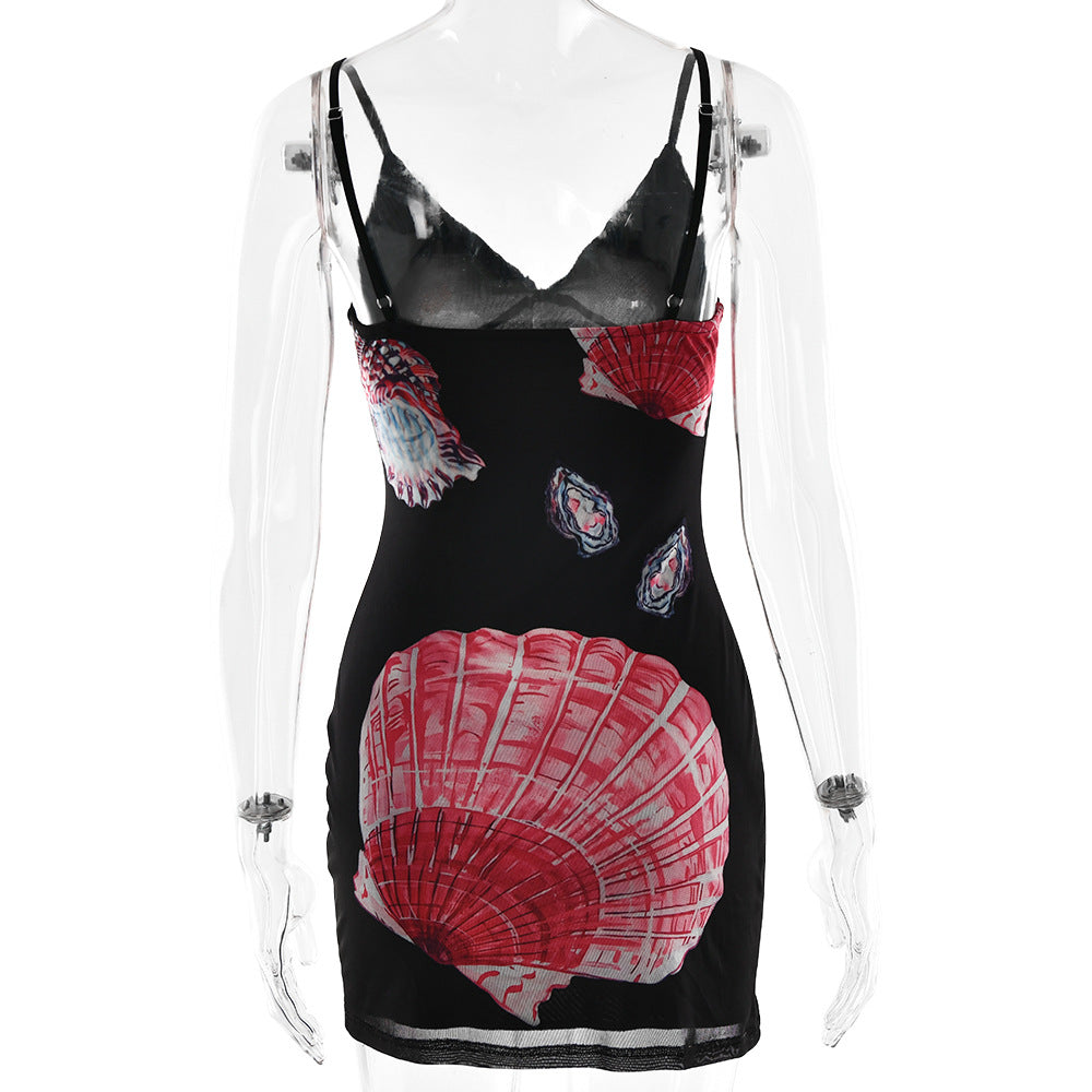 Seashell Print Mesh Bodycon Mini Dress - Black - 2