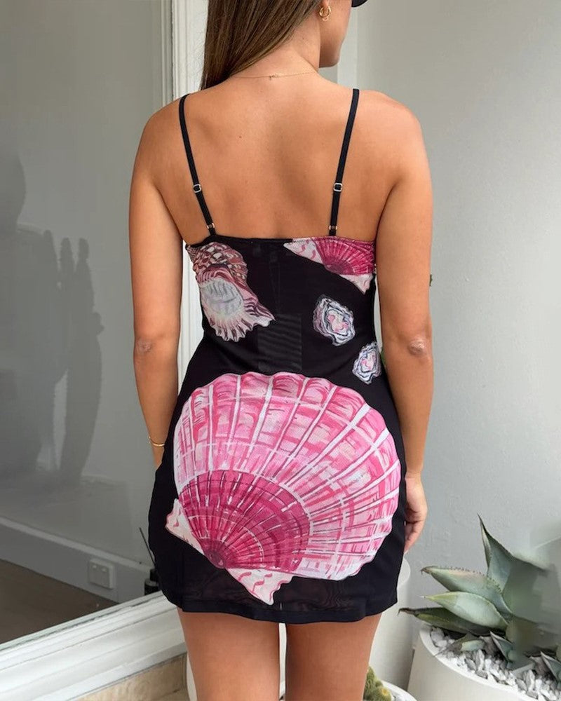 Seashell Print Mesh Bodycon Mini Dress - Black - 5