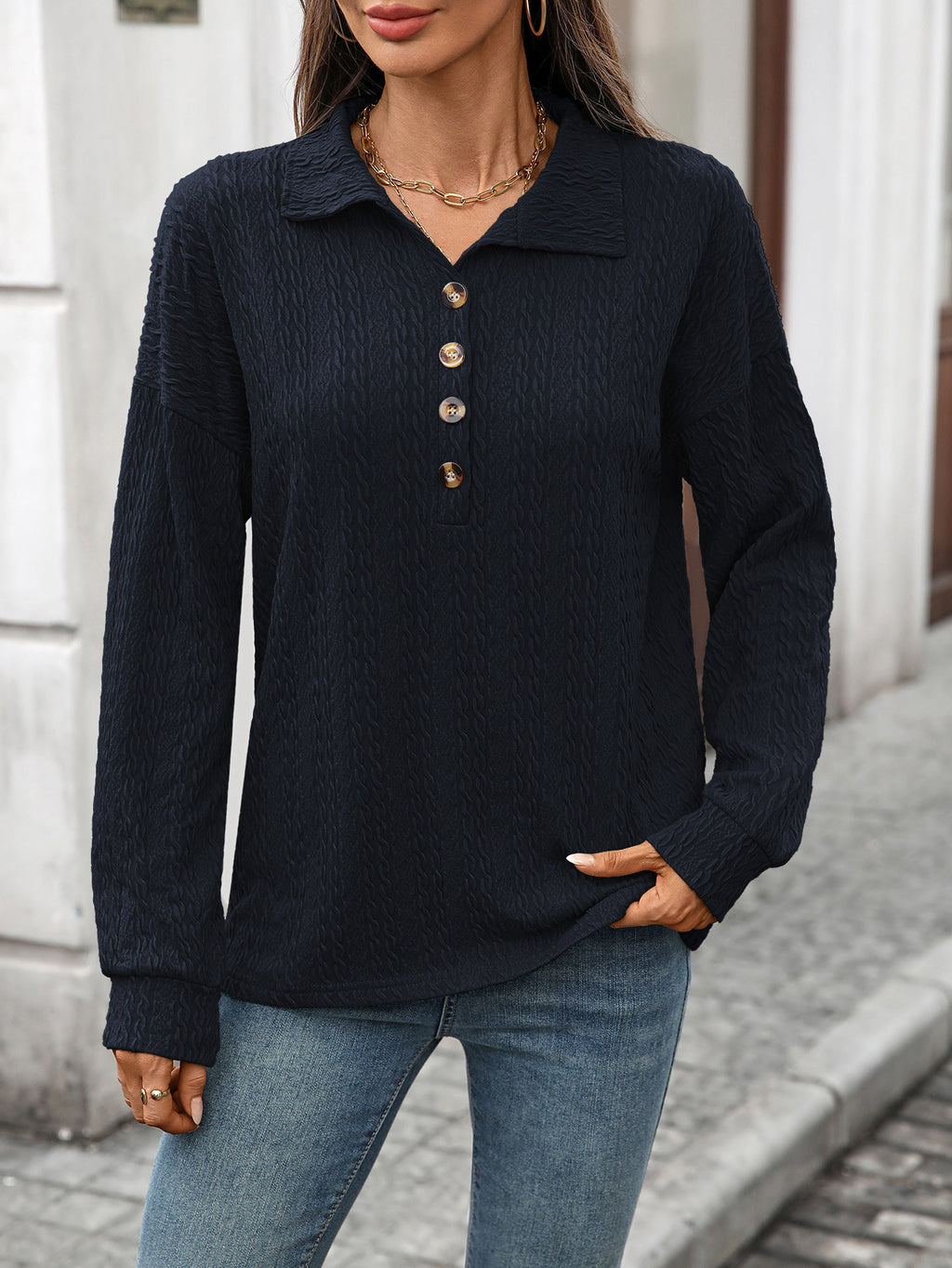 Cable Texture Polo Collar Button Top - Navyblue