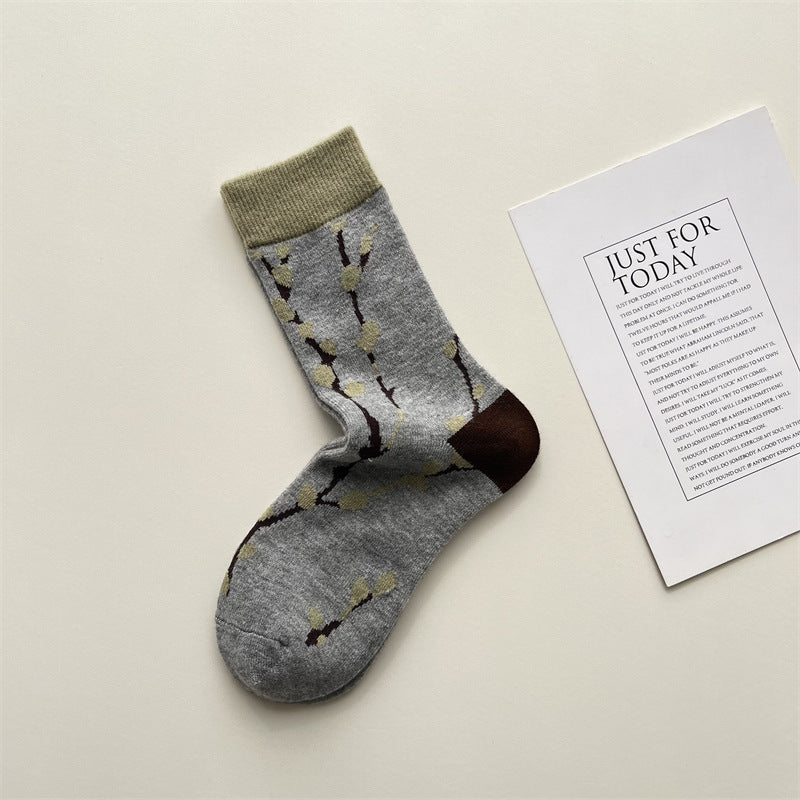 Vintage Pattern Rolled Cuff Crew Socks - Gray_1