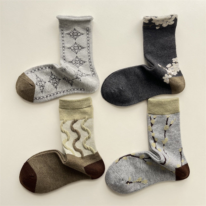Vintage Pattern Rolled Cuff Crew Socks