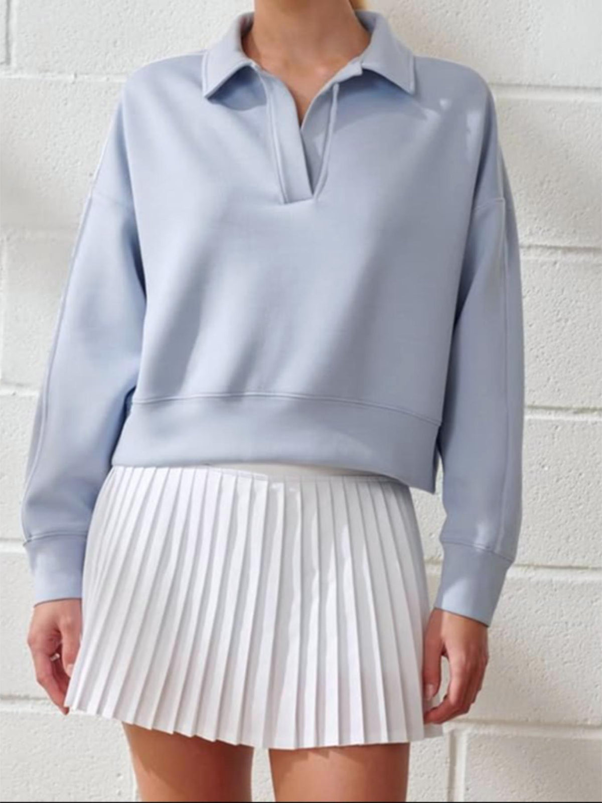 Notched Collar Cropped Pullover Sweatshirt - Blue