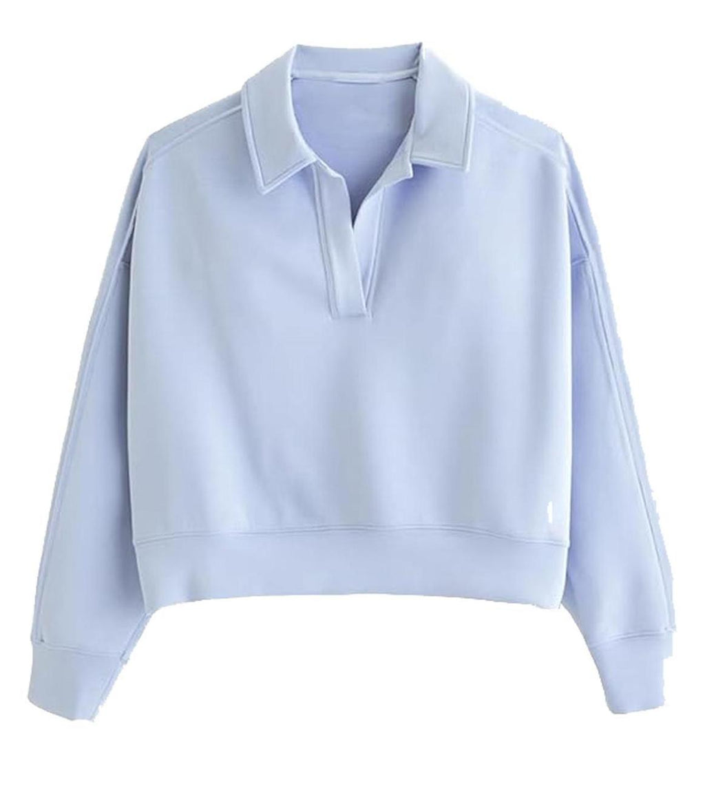 Notched Collar Cropped Pullover Sweatshirt - Blue - 1