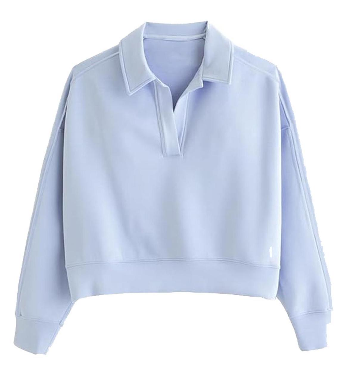 Notched Collar Cropped Pullover Sweatshirt - Blue - 1
