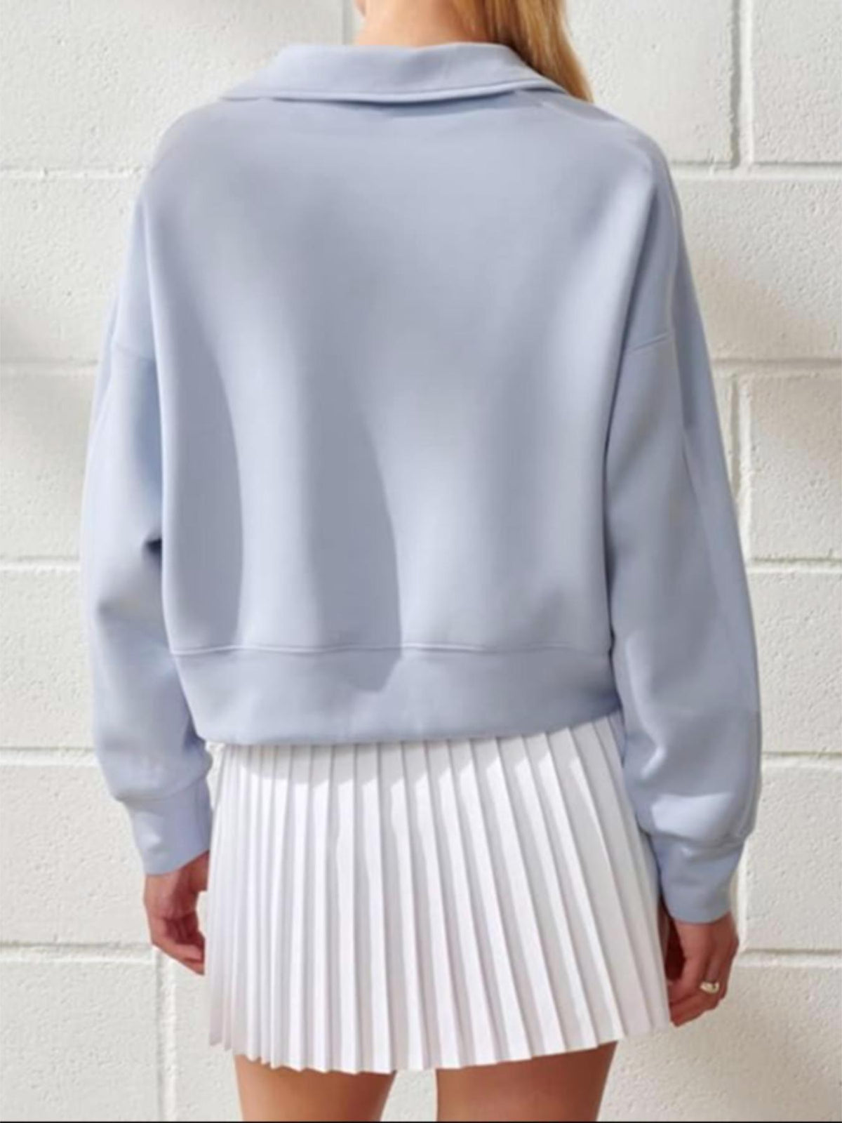 Notched Collar Cropped Pullover Sweatshirt - Blue - 2