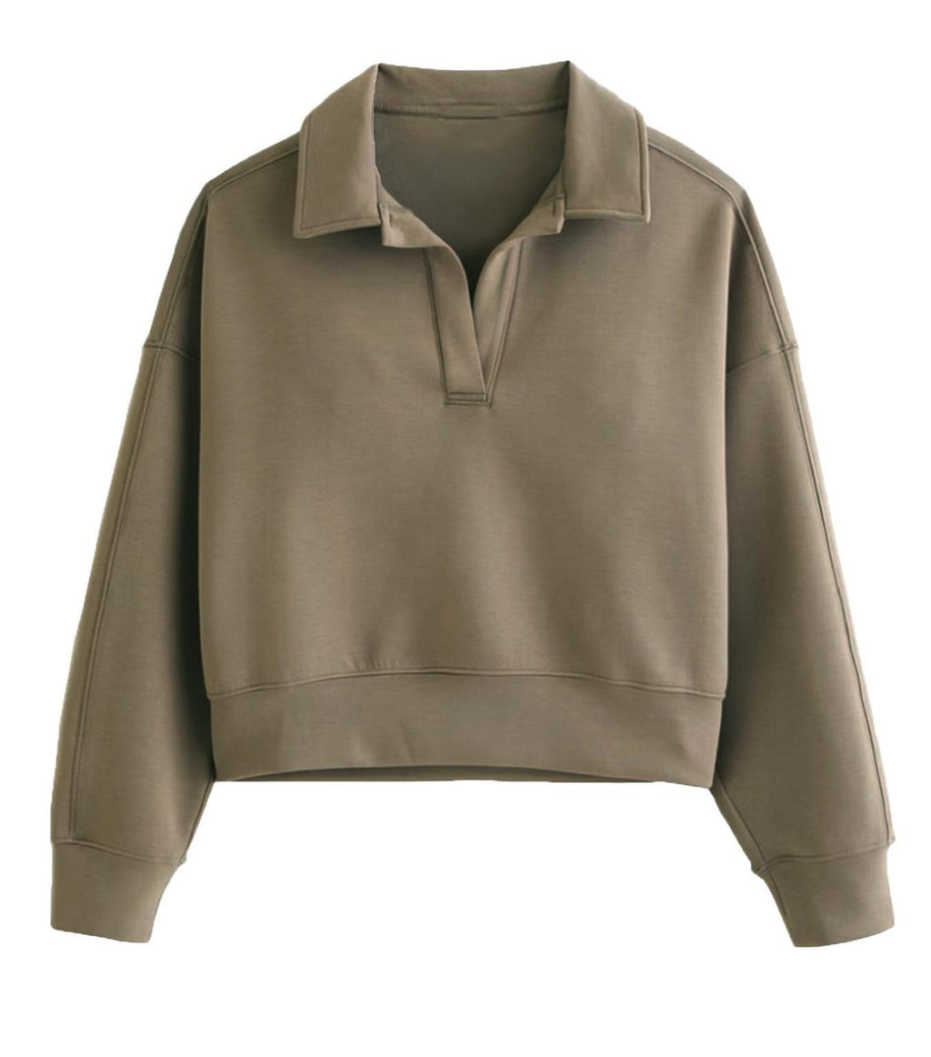 Notched Collar Cropped Pullover Sweatshirt - Coffee