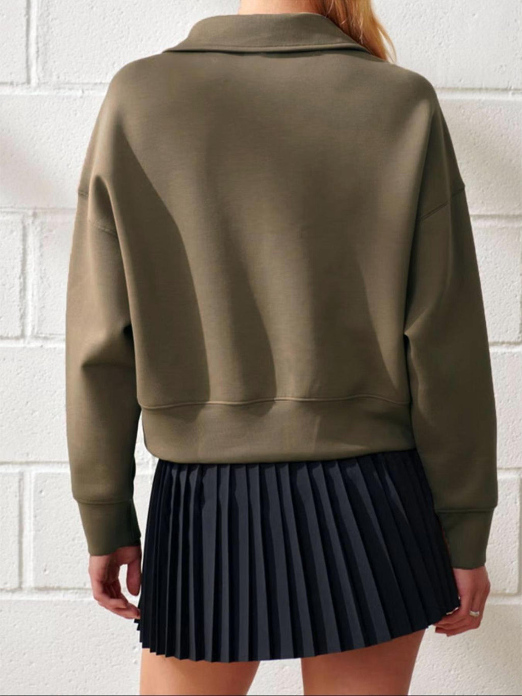 Notched Collar Cropped Pullover Sweatshirt - Coffee - 1