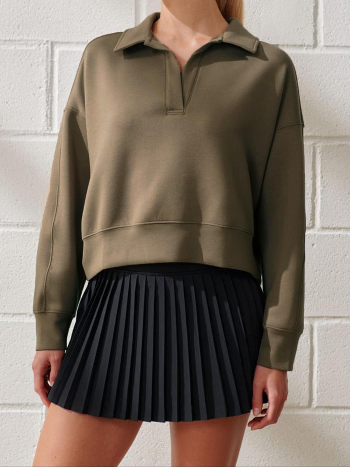 Notched Collar Cropped Pullover Sweatshirt - Coffee - 2