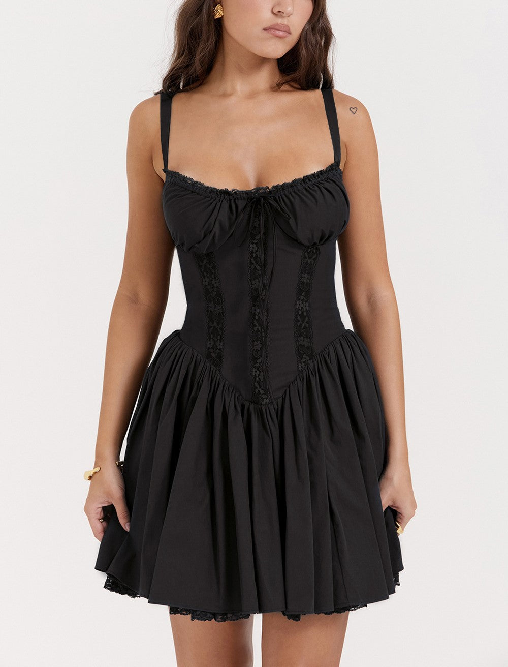 Lace Trim Corset Bodice Babydoll Mini Dress - Black