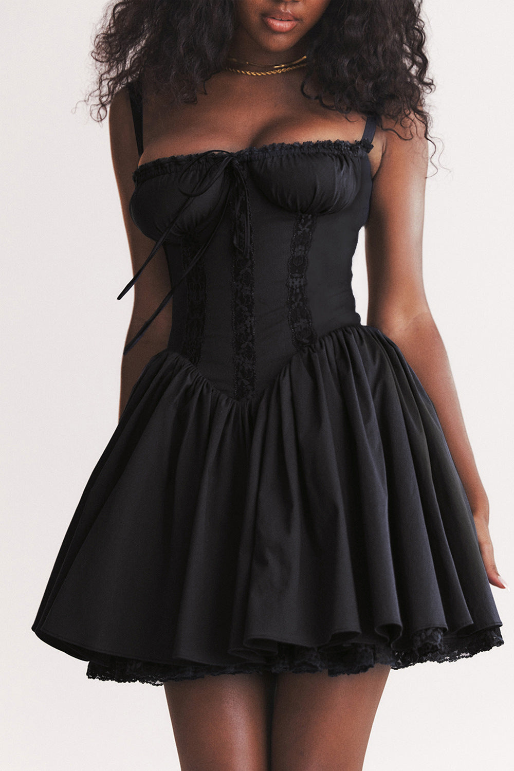 Lace Trim Corset Bodice Babydoll Mini Dress - Black - 2