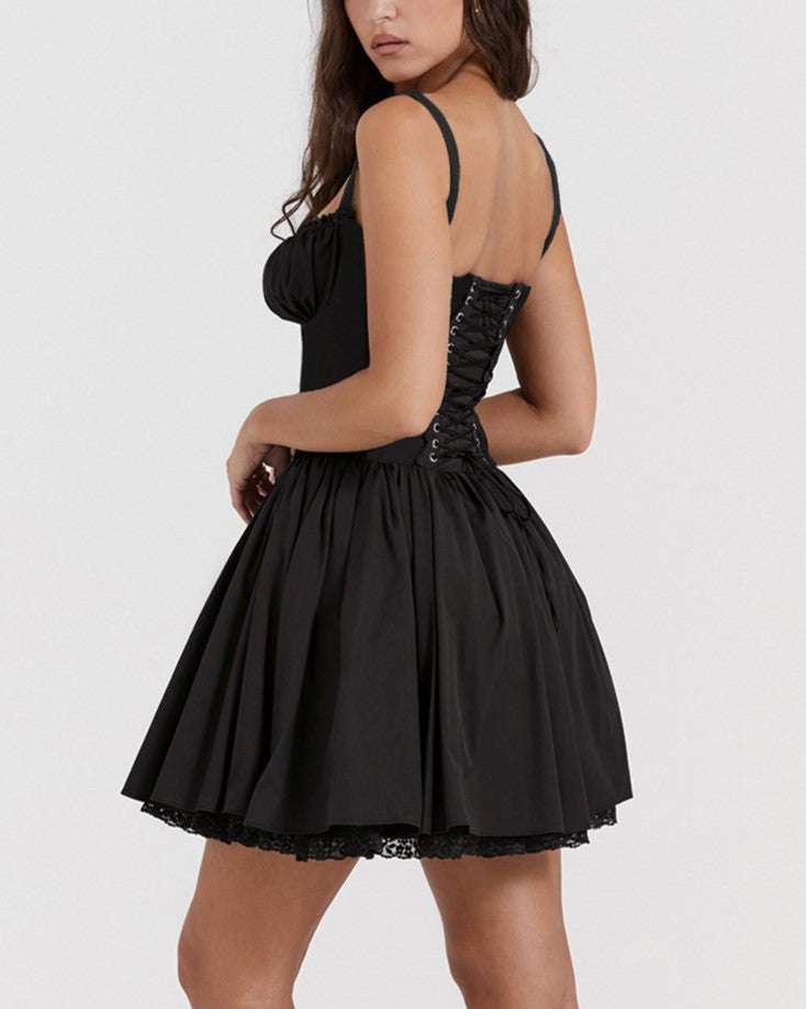 Lace Trim Corset Bodice Babydoll Mini Dress - Black - 3