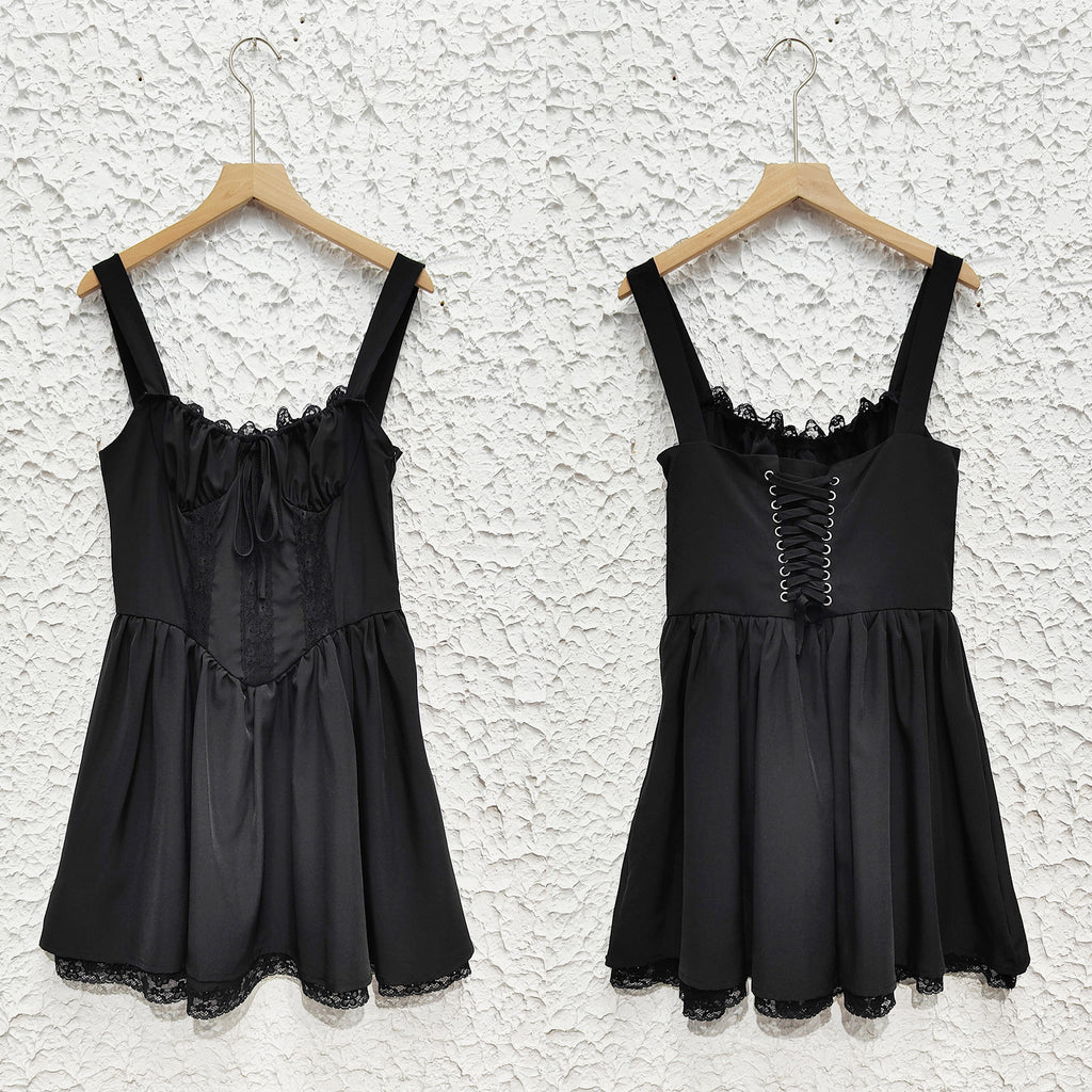 Lace Trim Corset Bodice Babydoll Mini Dress - Black - 4
