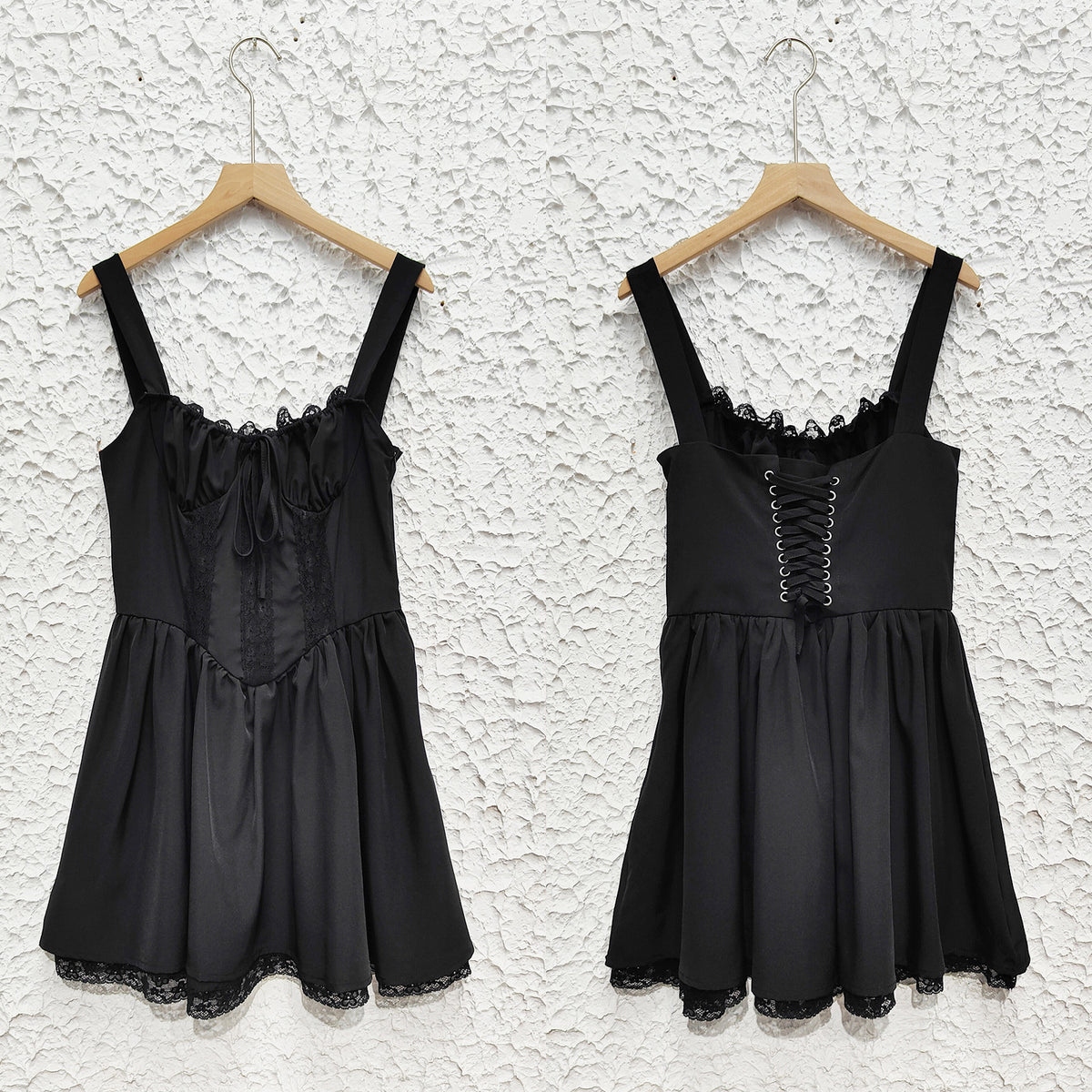 Lace Trim Corset Bodice Babydoll Mini Dress - Black - 4