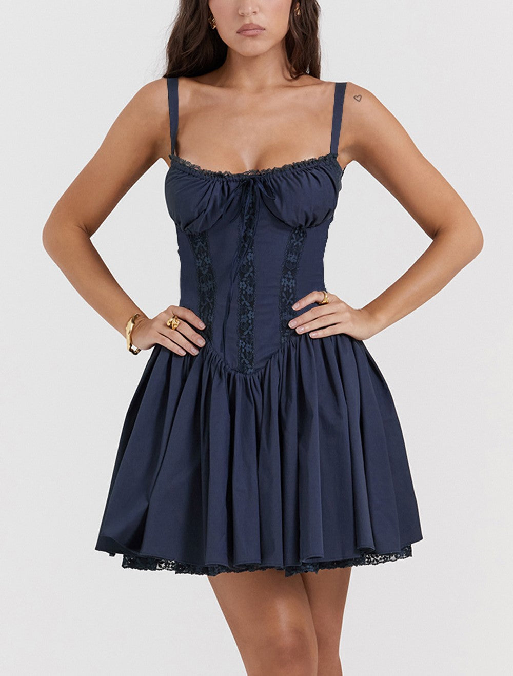 Lace Trim Corset Bodice Babydoll Mini Dress - Dark Blue - 1