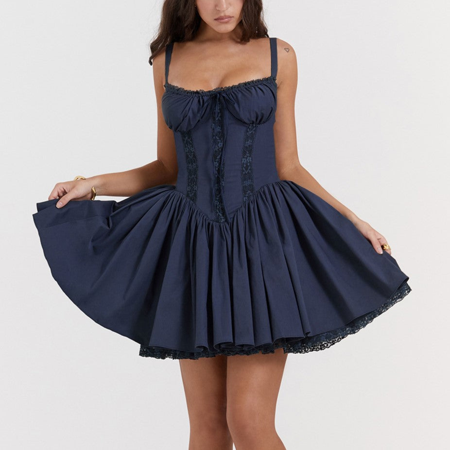 Lace Trim Corset Bodice Babydoll Mini Dress - Dark Blue - 2