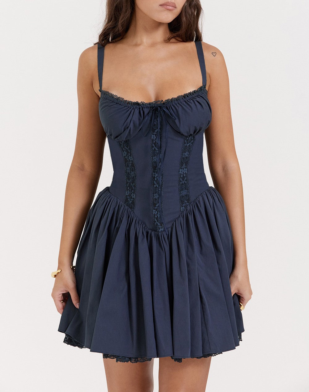 Lace Trim Corset Bodice Babydoll Mini Dress - Dark Blue - 3