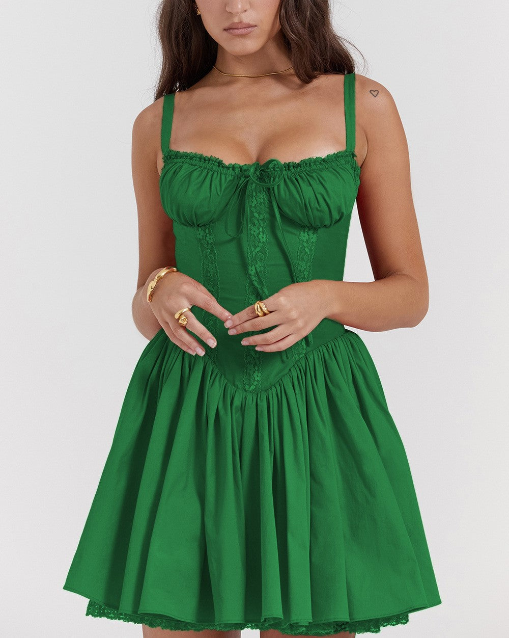 Lace Trim Corset Bodice Babydoll Mini Dress - Green