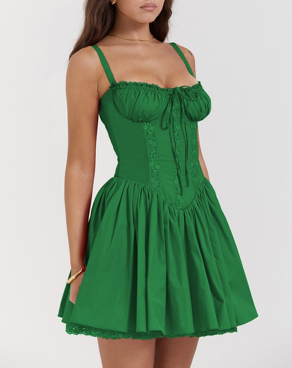 Lace Trim Corset Bodice Babydoll Mini Dress - Green - 1