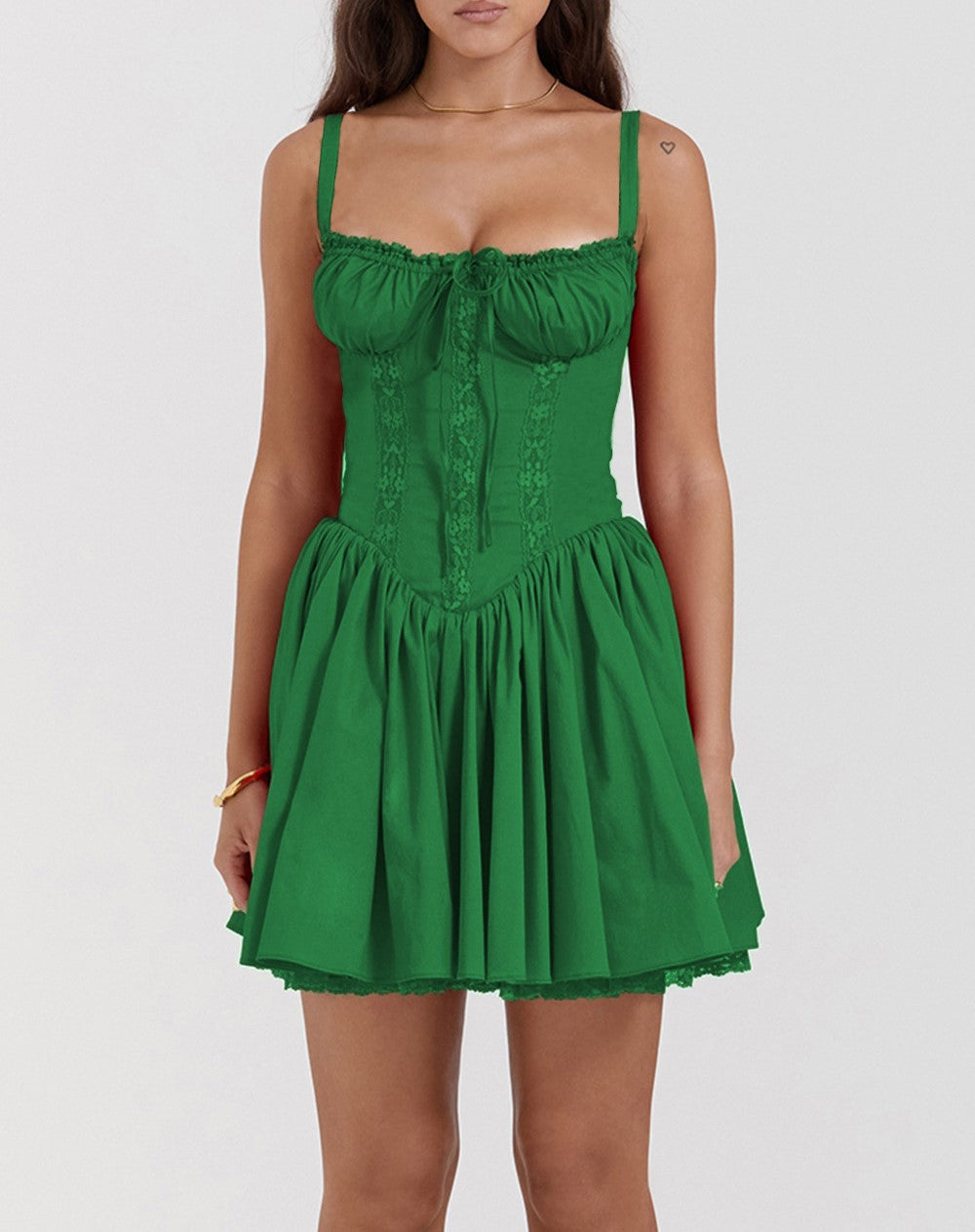 Lace Trim Corset Bodice Babydoll Mini Dress - Green - 2