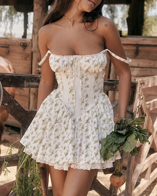 Lace Trim Corset Bodice Babydoll Mini Dress - GreenLeaves