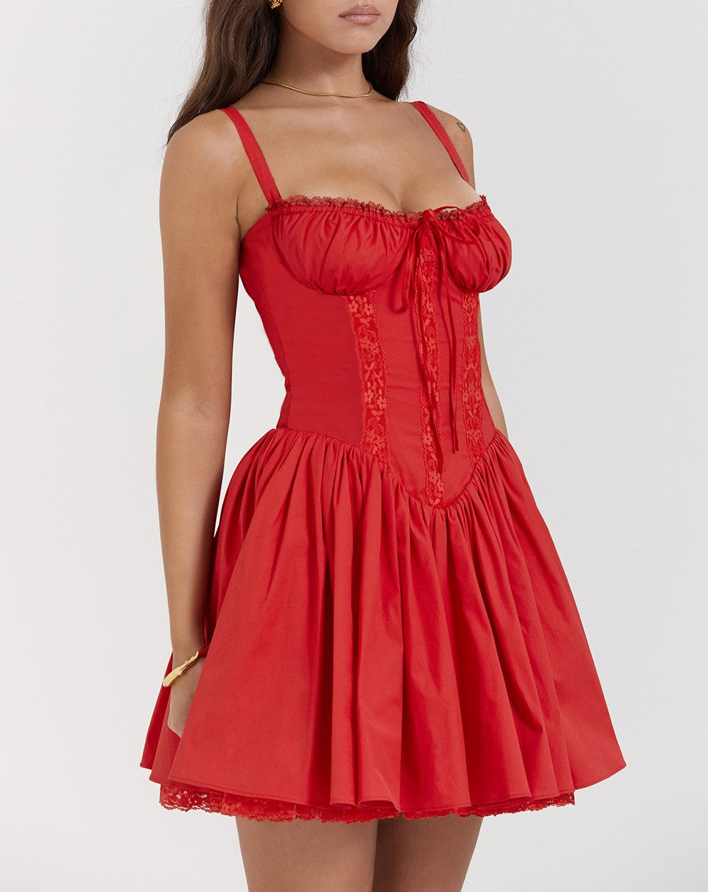 Lace Trim Corset Bodice Babydoll Mini Dress - Red - 2