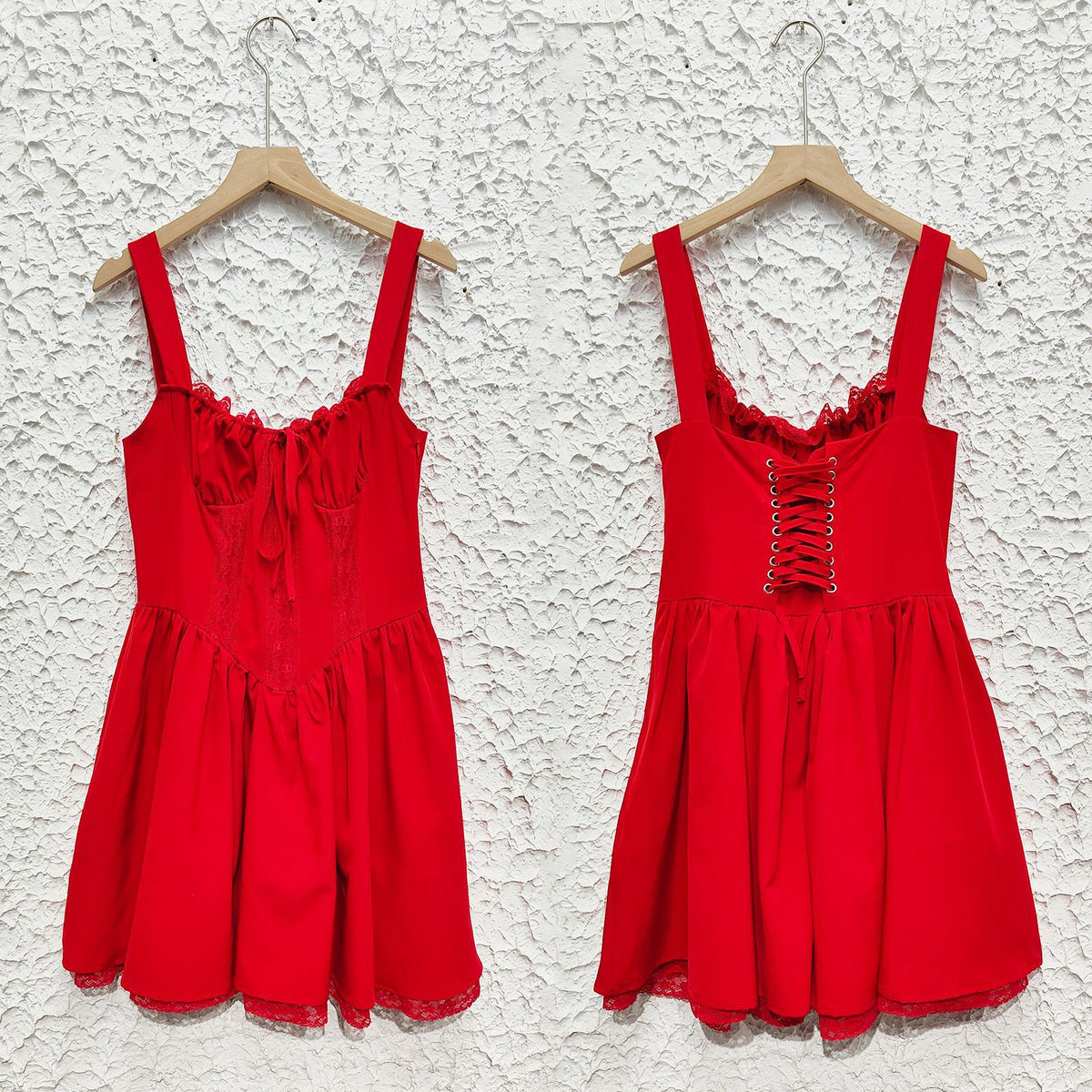 Lace Trim Corset Bodice Babydoll Mini Dress - Red - 5