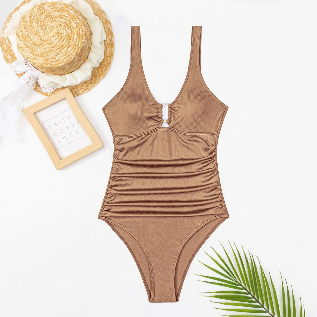 Side Shirred High Leg Bathing Suit - Nude - 3