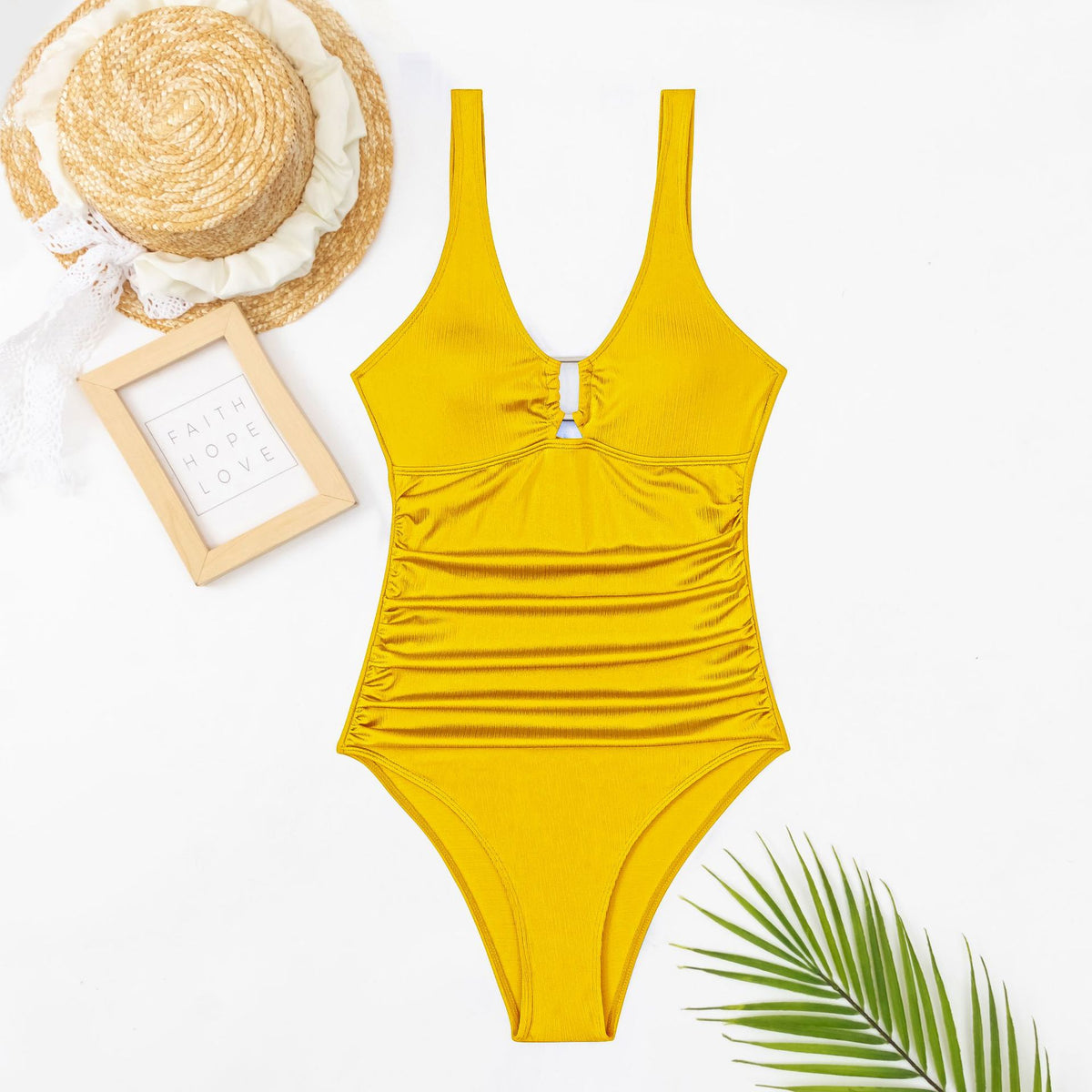 Side Shirred High Leg Bathing Suit - Yellow - 3