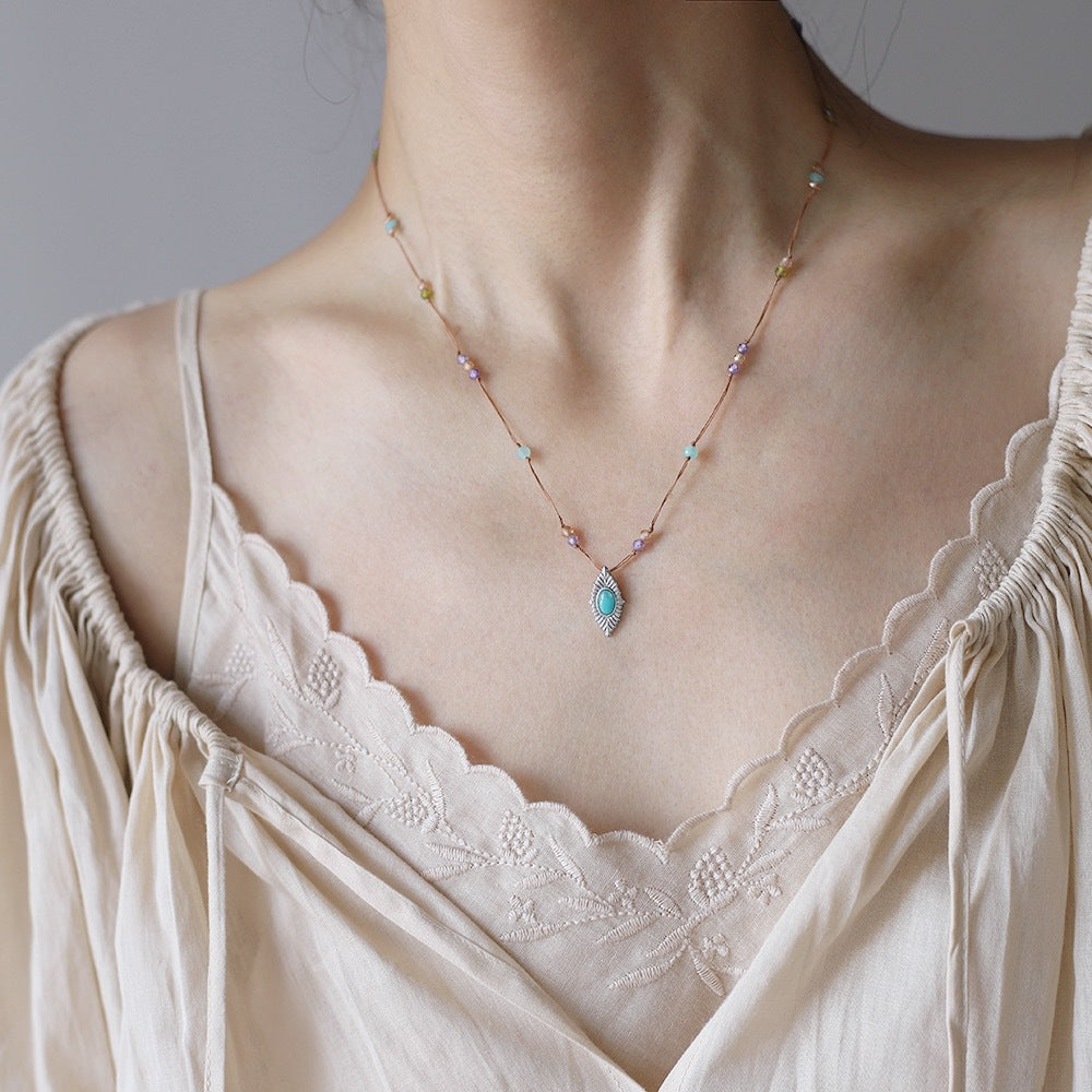 Layered Bead Chain Marquise Stone Necklace - Gold