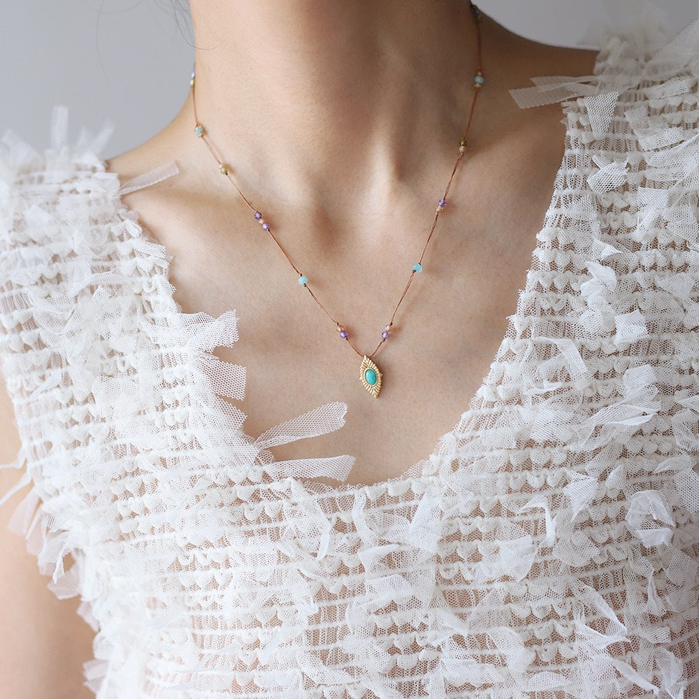 Layered Bead Chain Marquise Stone Necklace - Gold - 2