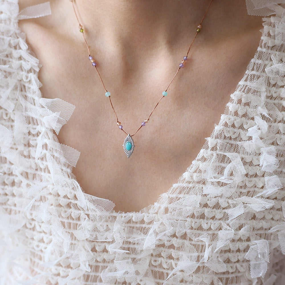 Layered Bead Chain Marquise Stone Necklace - Silvery - 1