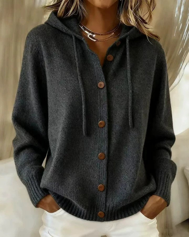 Hooded Knit Cardigan With Wooden Buttons - Black