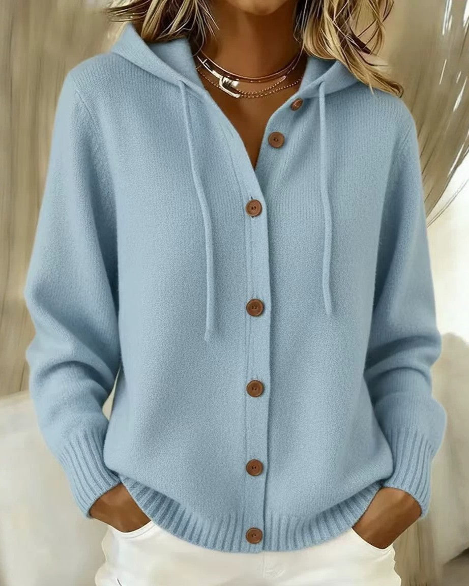 Hooded Knit Cardigan With Wooden Buttons - Blue