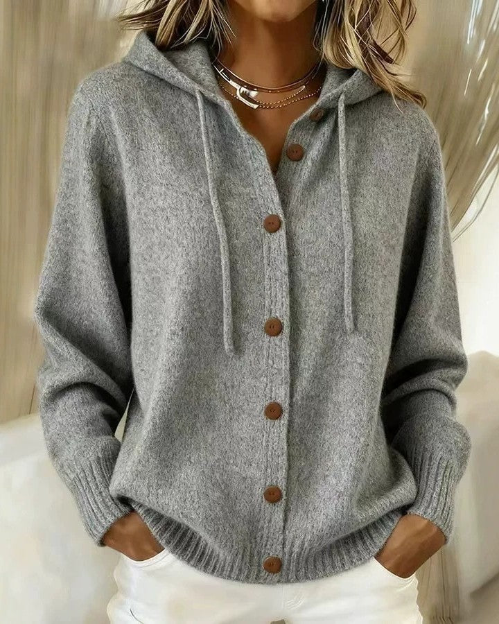 Hooded Knit Cardigan With Wooden Buttons - Grey
