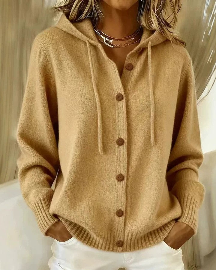 Hooded Knit Cardigan With Wooden Buttons - Khaki