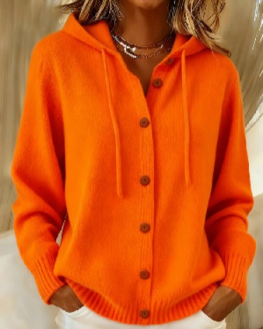 Hooded Knit Cardigan With Wooden Buttons - Orange