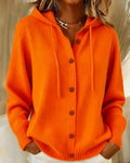 Hooded Knit Cardigan With Wooden Buttons - Orange