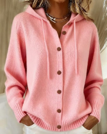 Hooded Knit Cardigan With Wooden Buttons - Pink